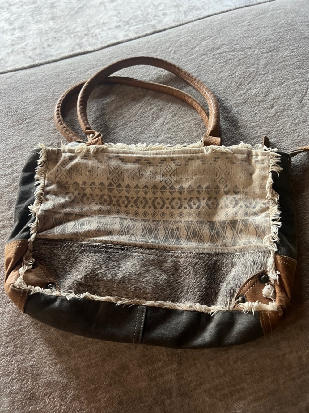 Myra Boho Fringe Canvas & Leather Tote Bag in Brown with cowhide